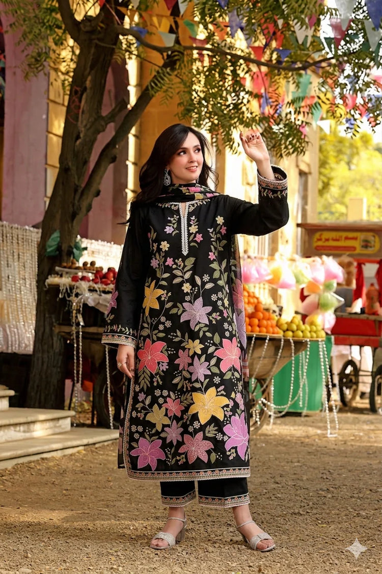 BLACK FLORAL 3PC EMB - Tawakal Closet
