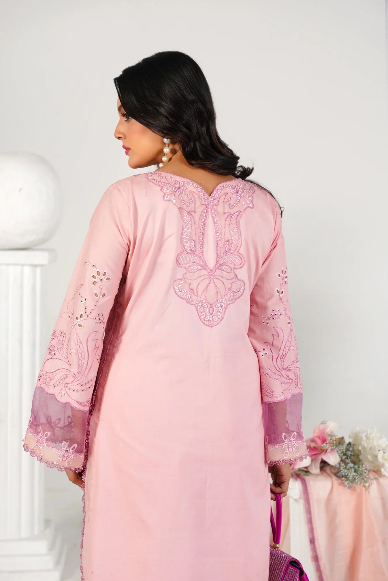3 Piece Unstitched - Embroided Premium Lawn Baby Pink Suit - Abeer Rasheed