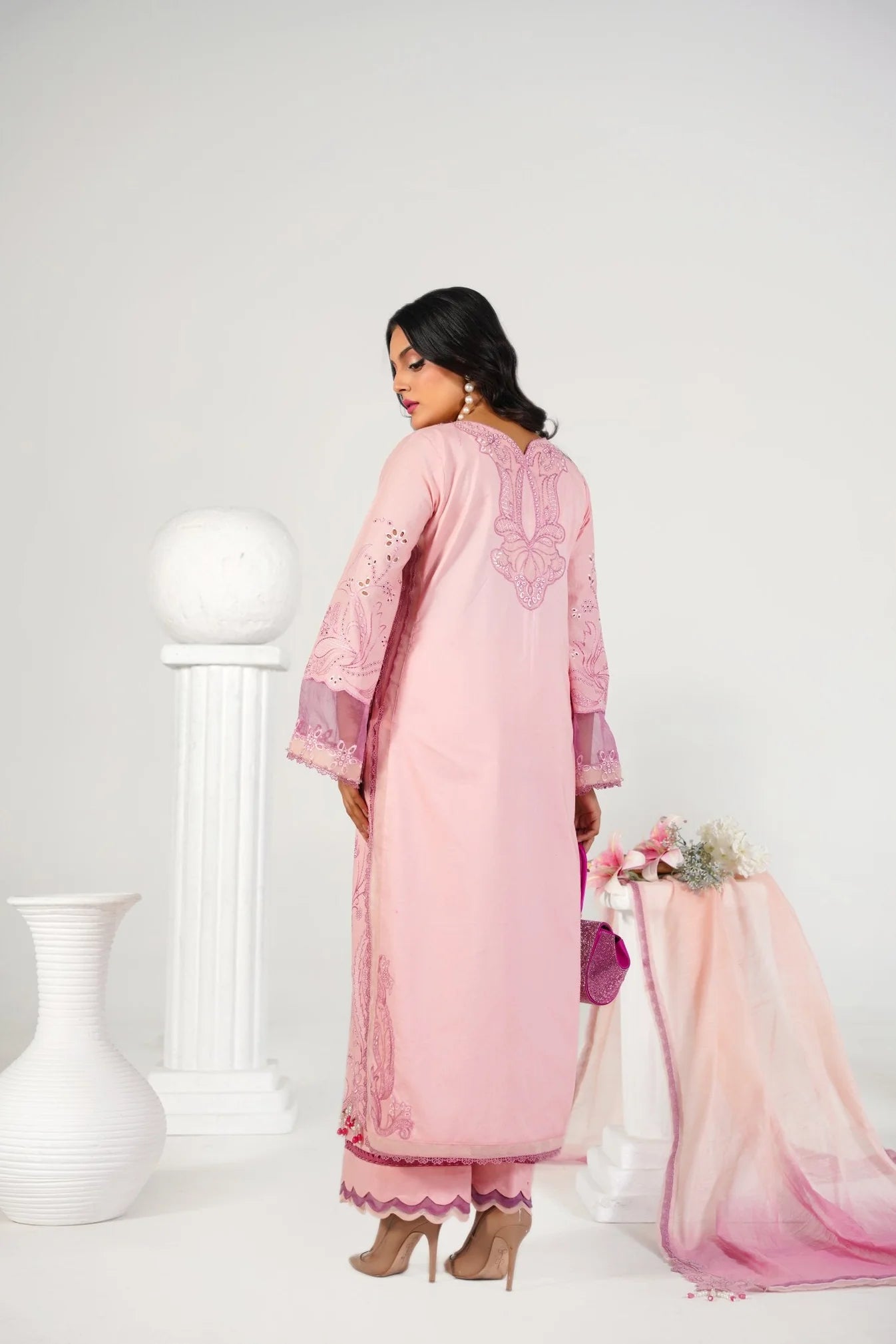 3 Piece Unstitched - Embroided Premium Lawn Baby Pink Suit - Abeer Rasheed