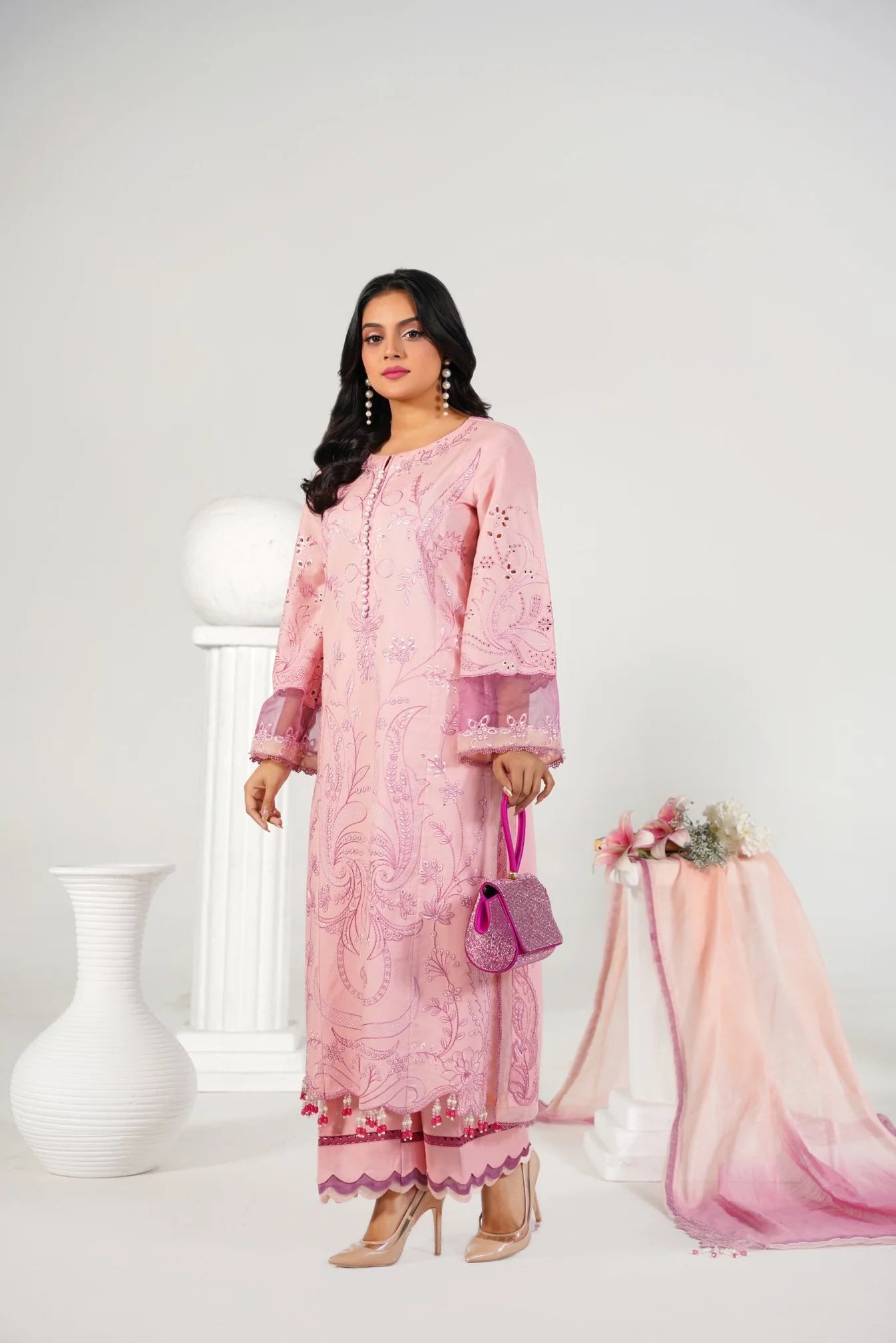 3 Piece Unstitched - Embroided Premium Lawn Baby Pink Suit - Abeer Rasheed