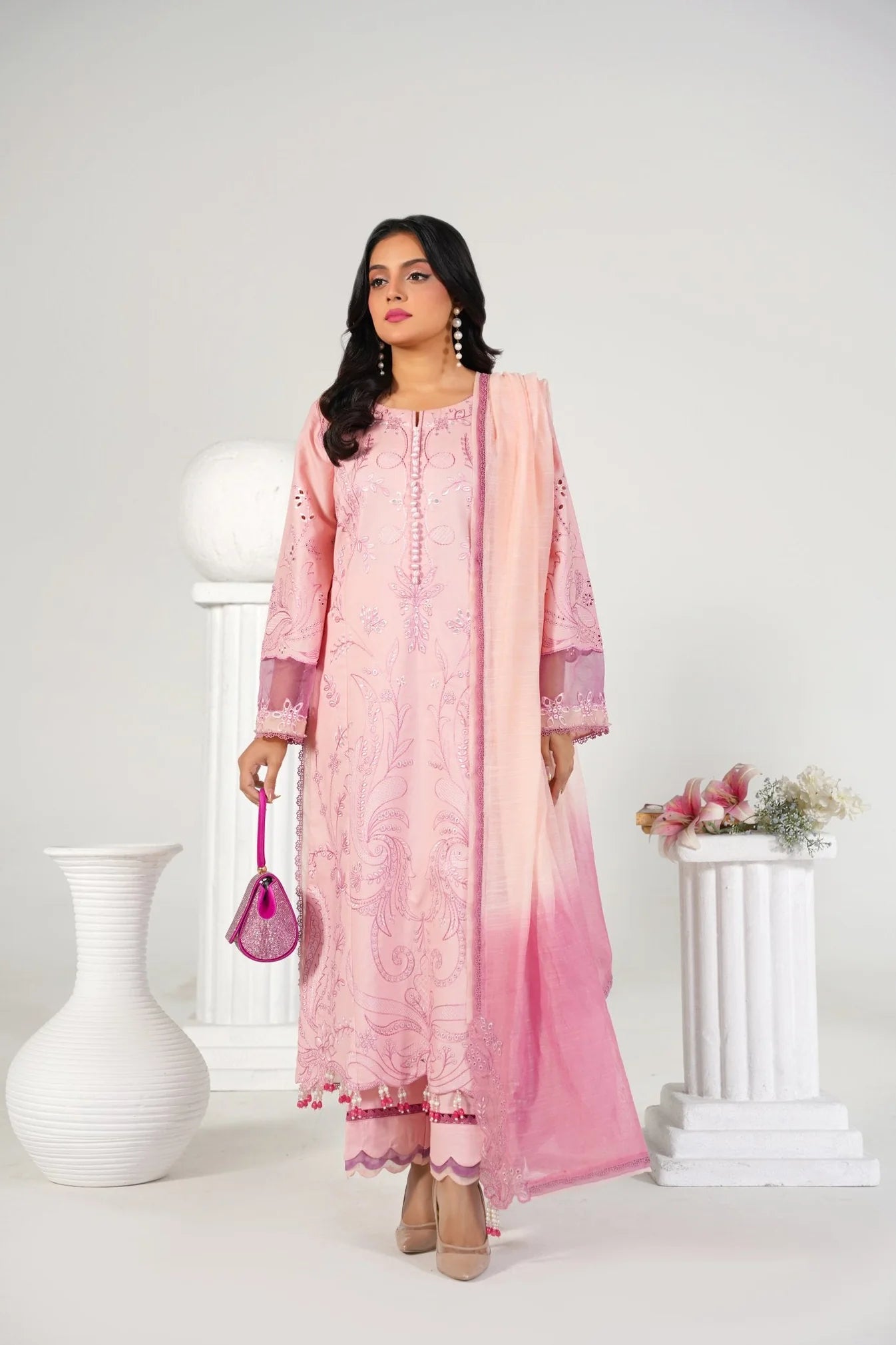 3 Piece Unstitched - Embroided Premium Lawn Baby Pink Suit - Abeer Rasheed