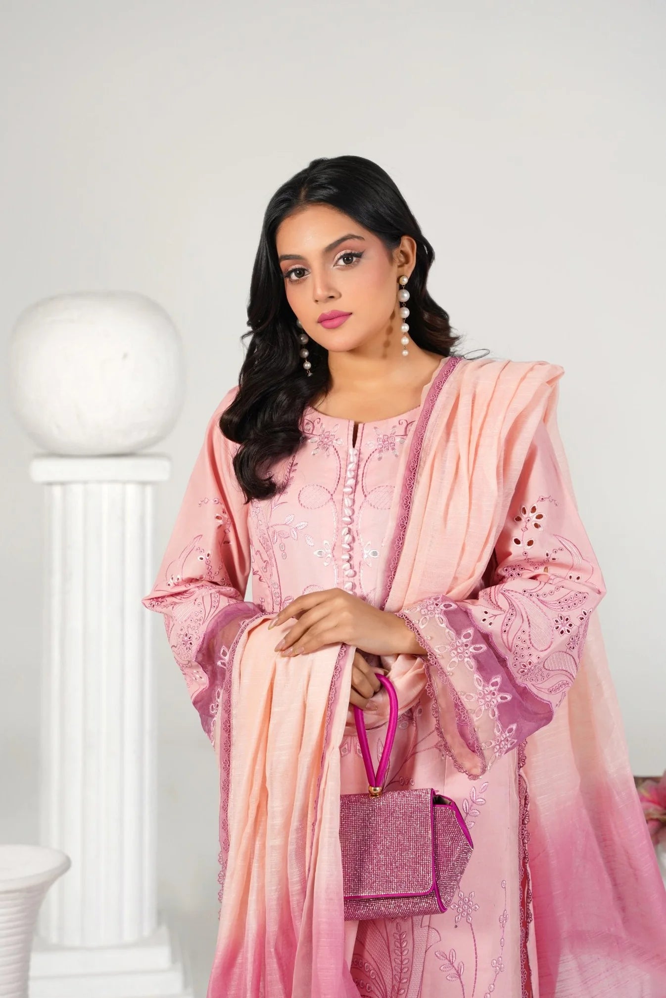3 Piece Unstitched - Embroided Premium Lawn Baby Pink Suit - Abeer Rasheed
