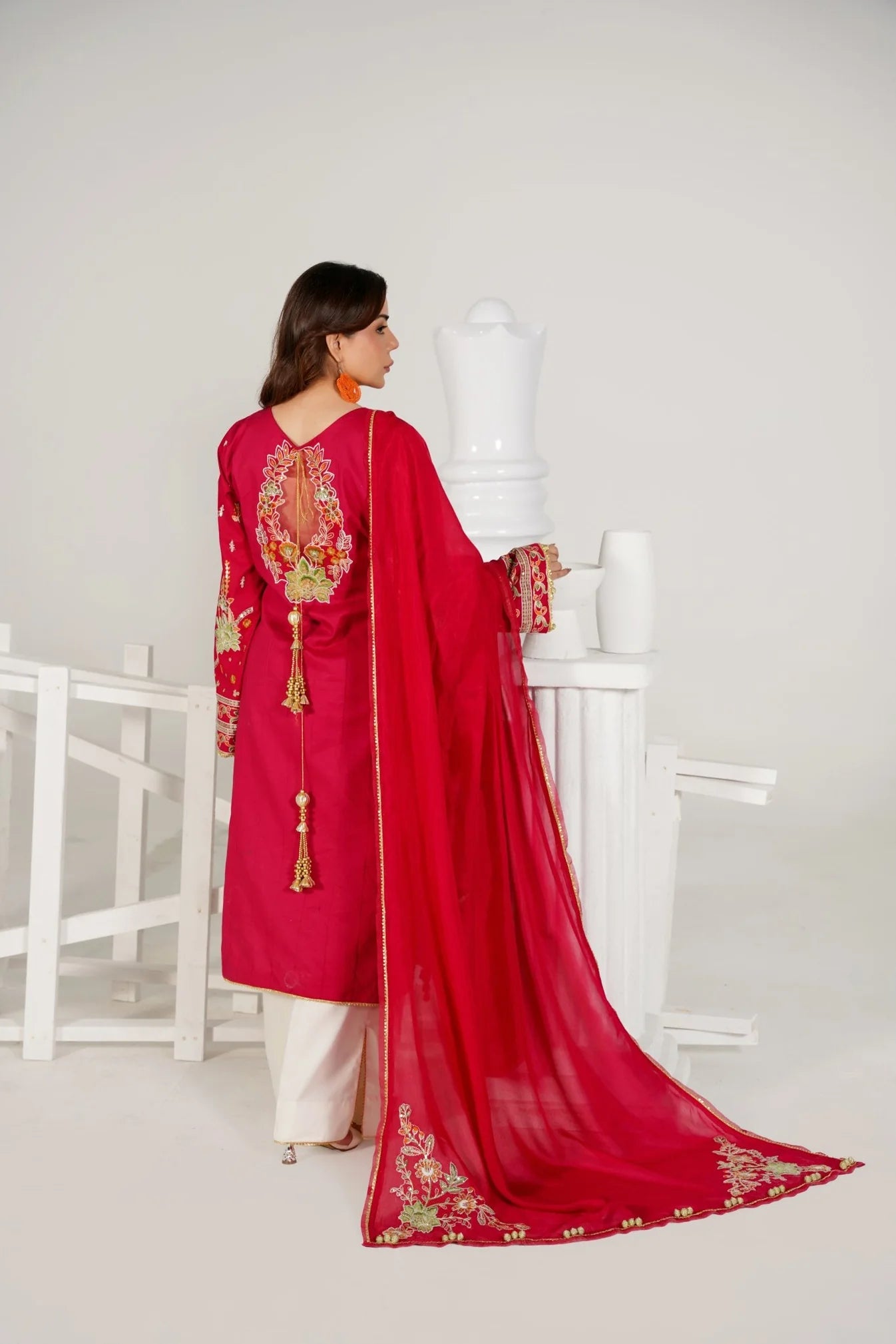 3 Piece Unstitched - Embroided Premium Lawn Cherry Red Suit -Abeer Rasheed