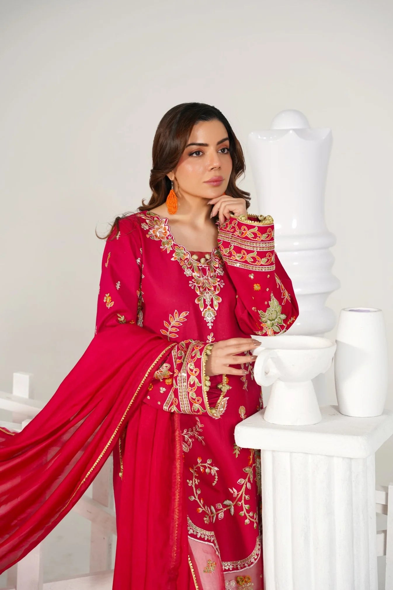 3 Piece Unstitched - Embroided Premium Lawn Cherry Red Suit -Abeer Rasheed