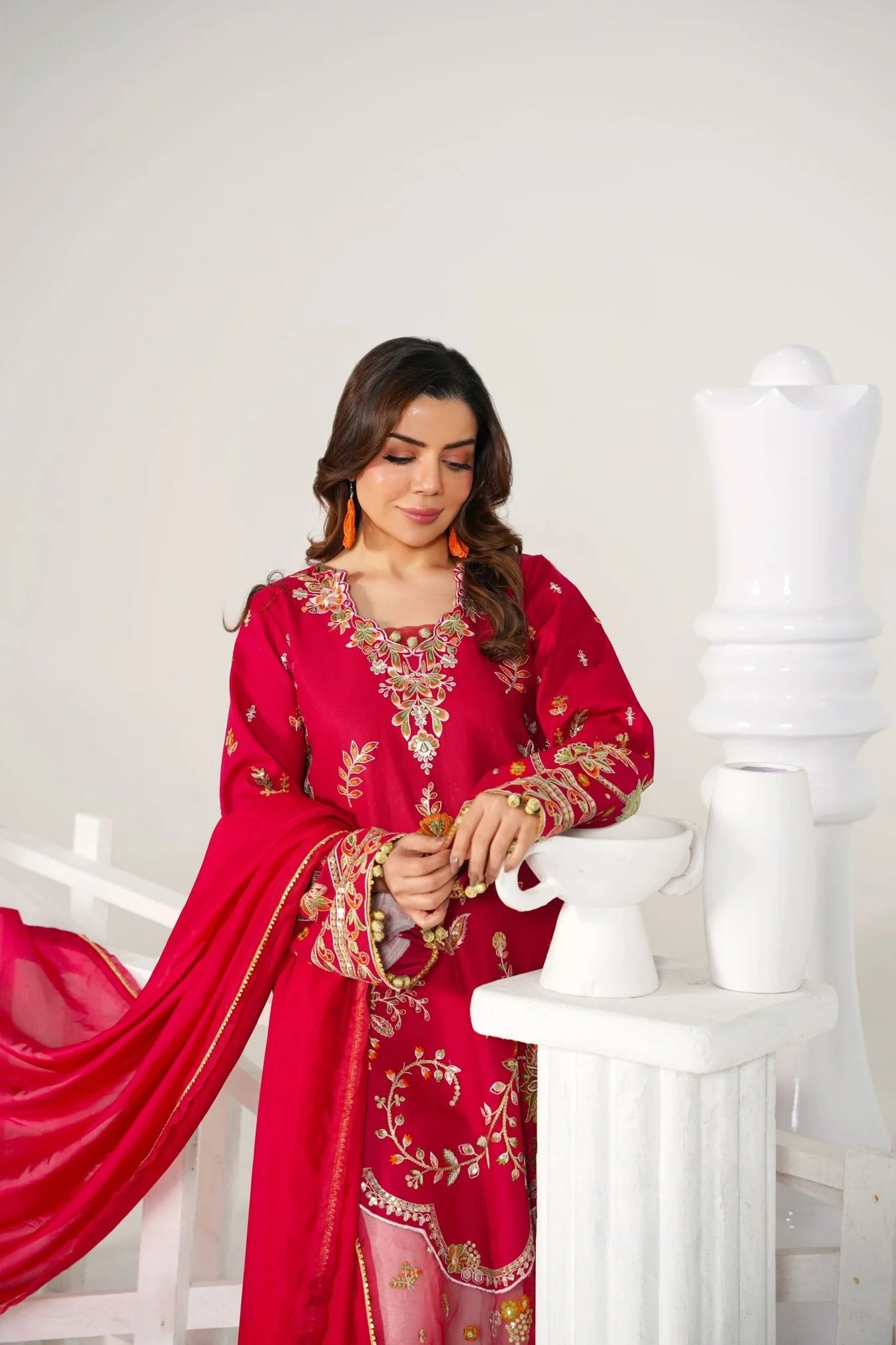 3 Piece Unstitched - Embroided Premium Lawn Cherry Red Suit -Abeer Rasheed