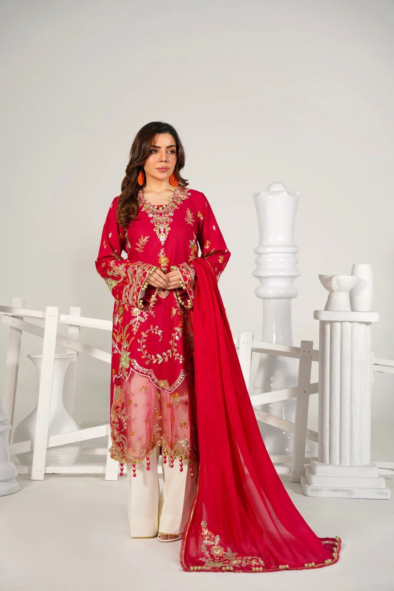 3 Piece Unstitched - Embroided Premium Lawn Cherry Red Suit -Abeer Rasheed