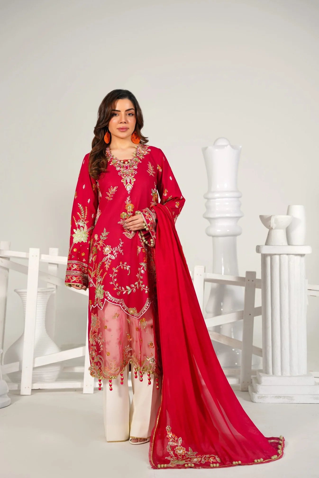 3 Piece Unstitched - Embroided Premium Lawn Cherry Red Suit -Abeer Rasheed