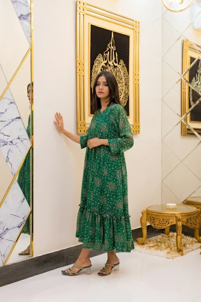 Emerald Bloom Chiffon 2 Piece Frock - Shadeforteen