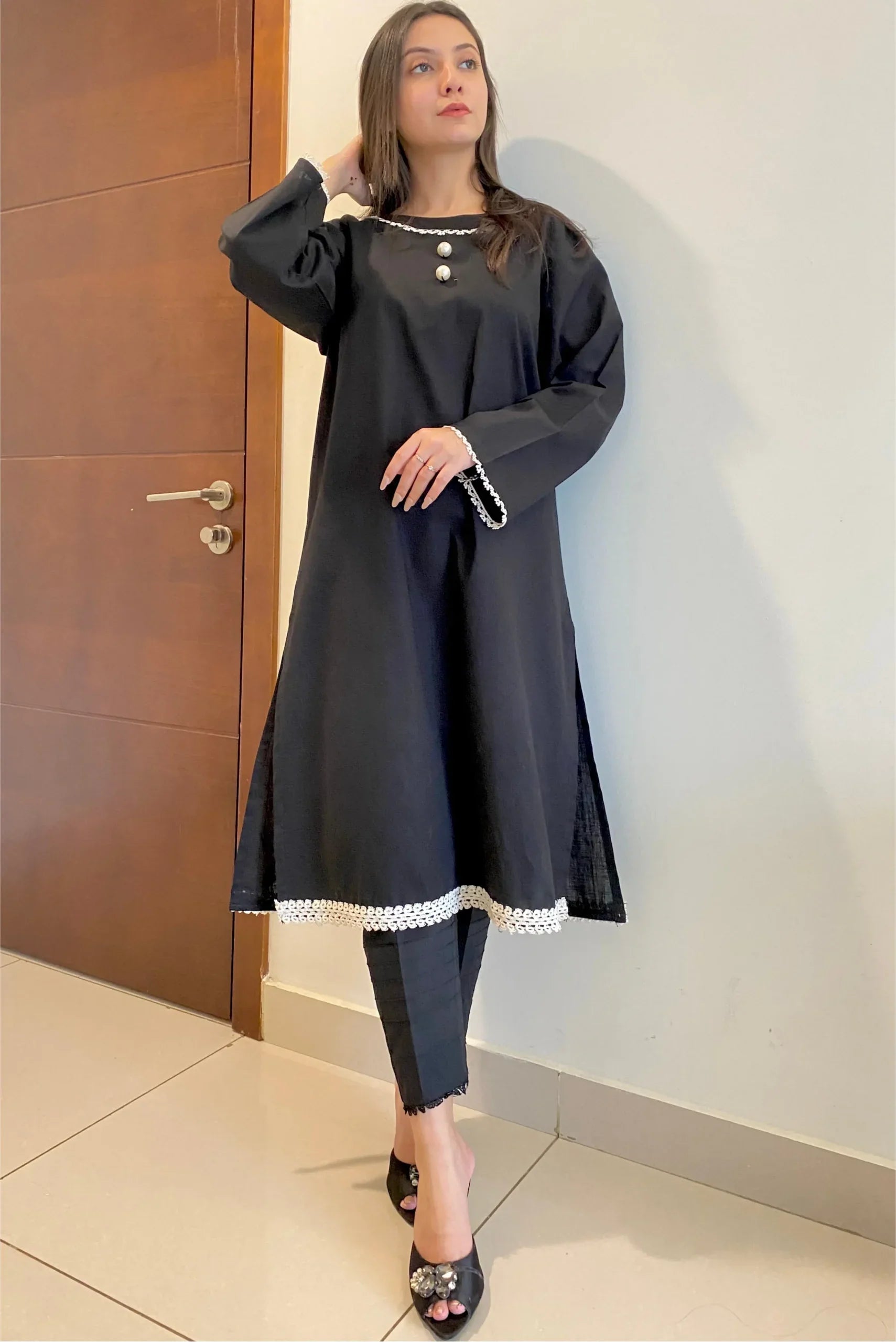 Elegant Jet Black Cotton Embellished Kurti 1 Piece