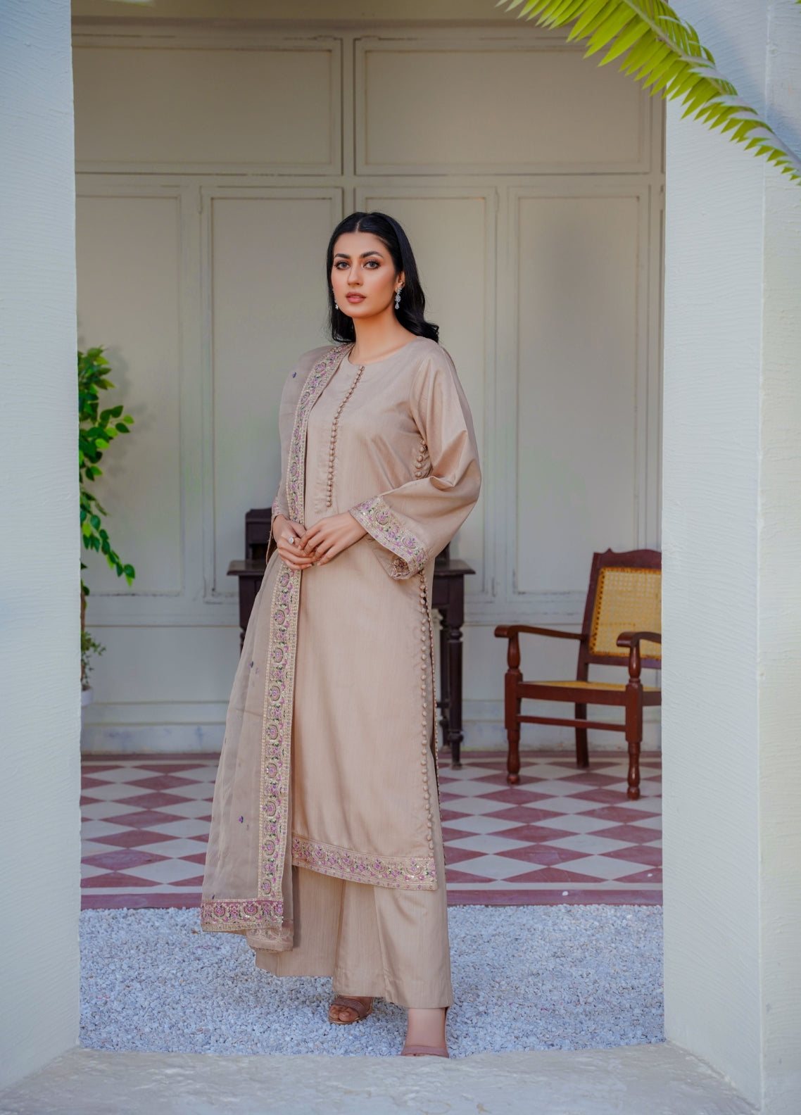 SKIN BEIGE - PRET 3PC Embroidered Dress - Threads & Weaves
