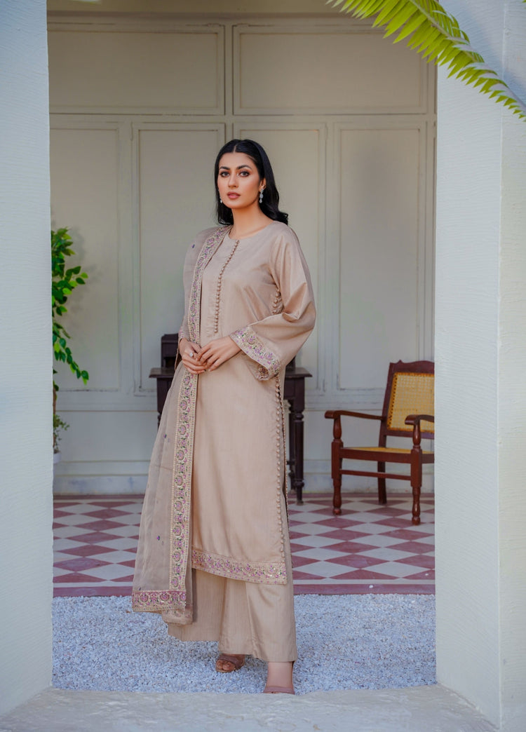 SKIN BEIGE - PRET 3PC Embroidered Dress - Threads & Weaves
