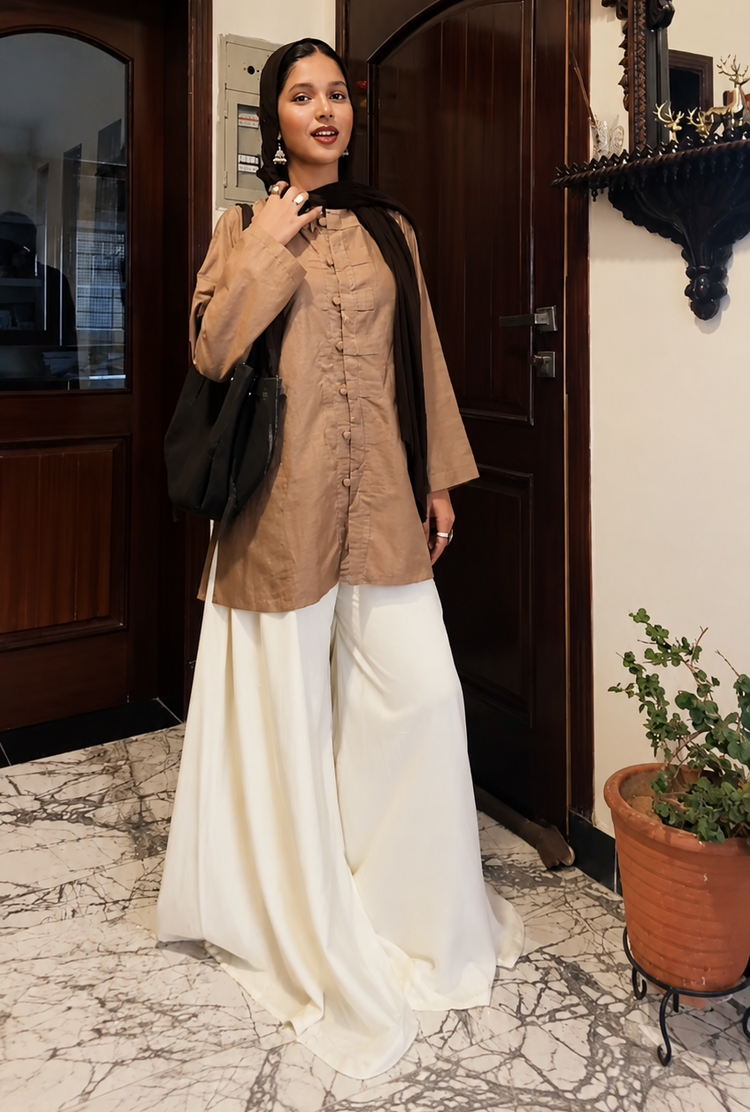 Mocha Cotton Shirt & Palazzo Co-Ord Set - Urban Cut