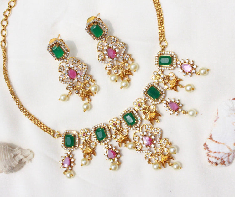 Multicolor Diamond Ganga Jamna Style Necklace - Aloro Jewels
