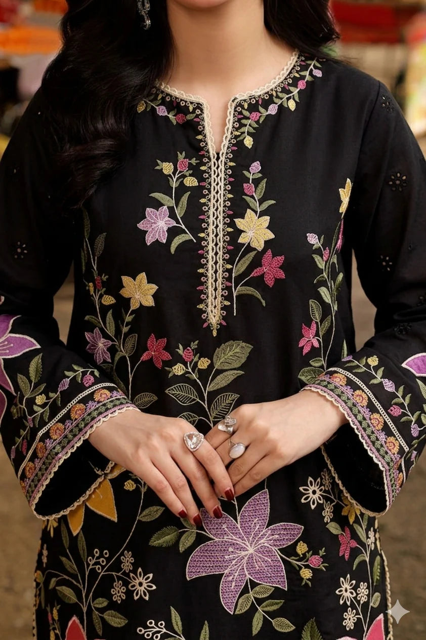 BLACK FLORAL 3PC EMB - Urban Haya