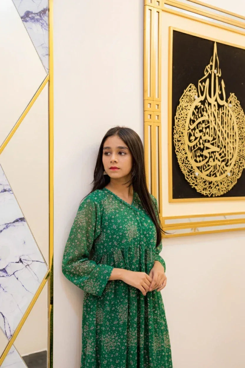 Emerald Bloom Chiffon 2 Piece Frock - Shadeforteen