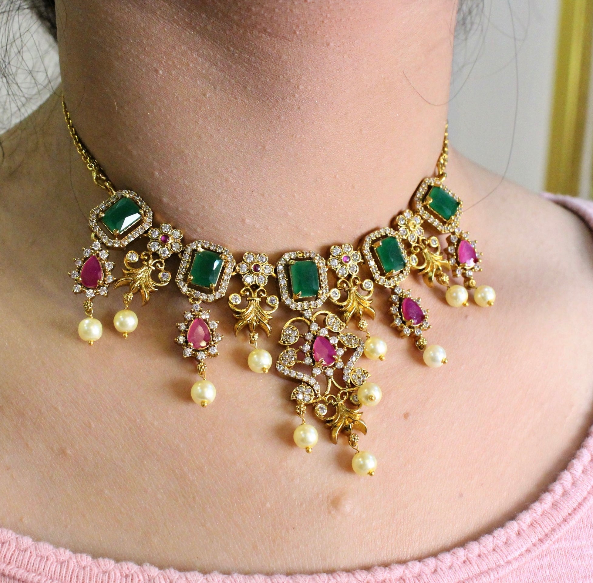 Multicolor Diamond Ganga Jamna Style Necklace - Aloro Jewels