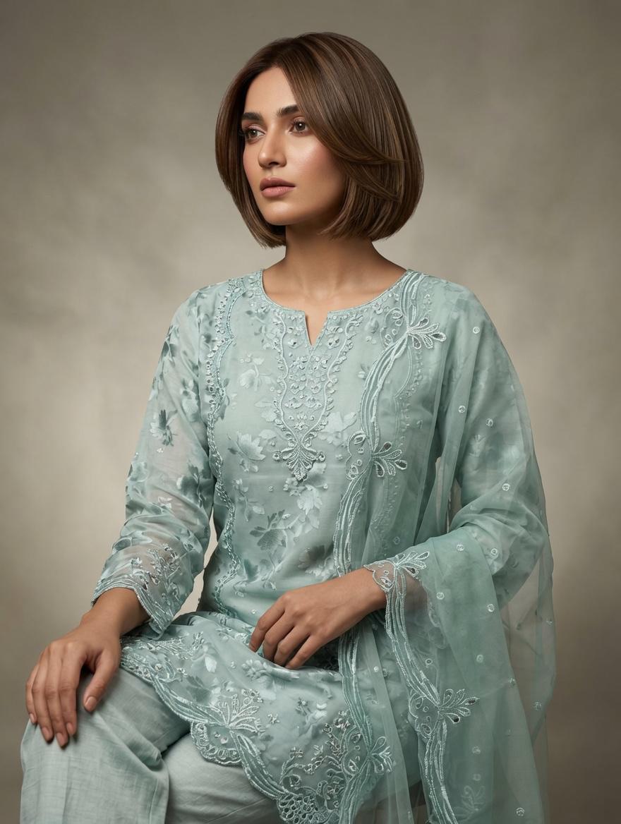 Noor - Mint Green Embroidered Organza 3-Piece Suit