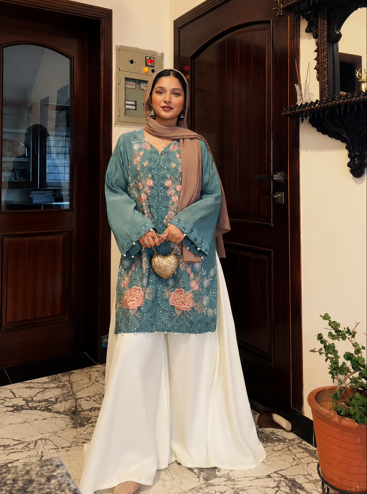 Embroidered Paper Cotton Co-Ord Set With Flared Palazzo - Urban Cut