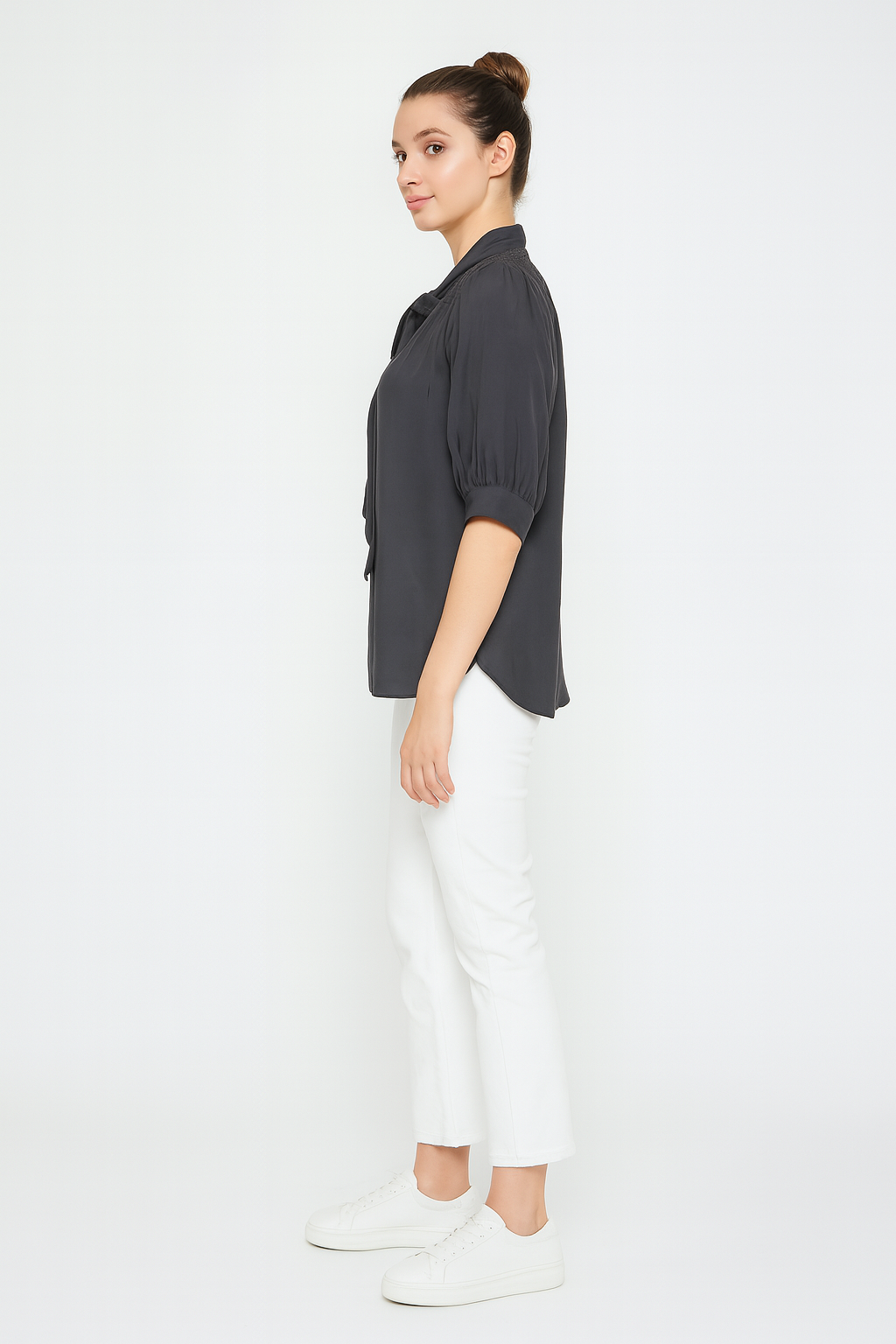 Elegant Charcoal Tie-Neck Blouse - Meenseen Independent