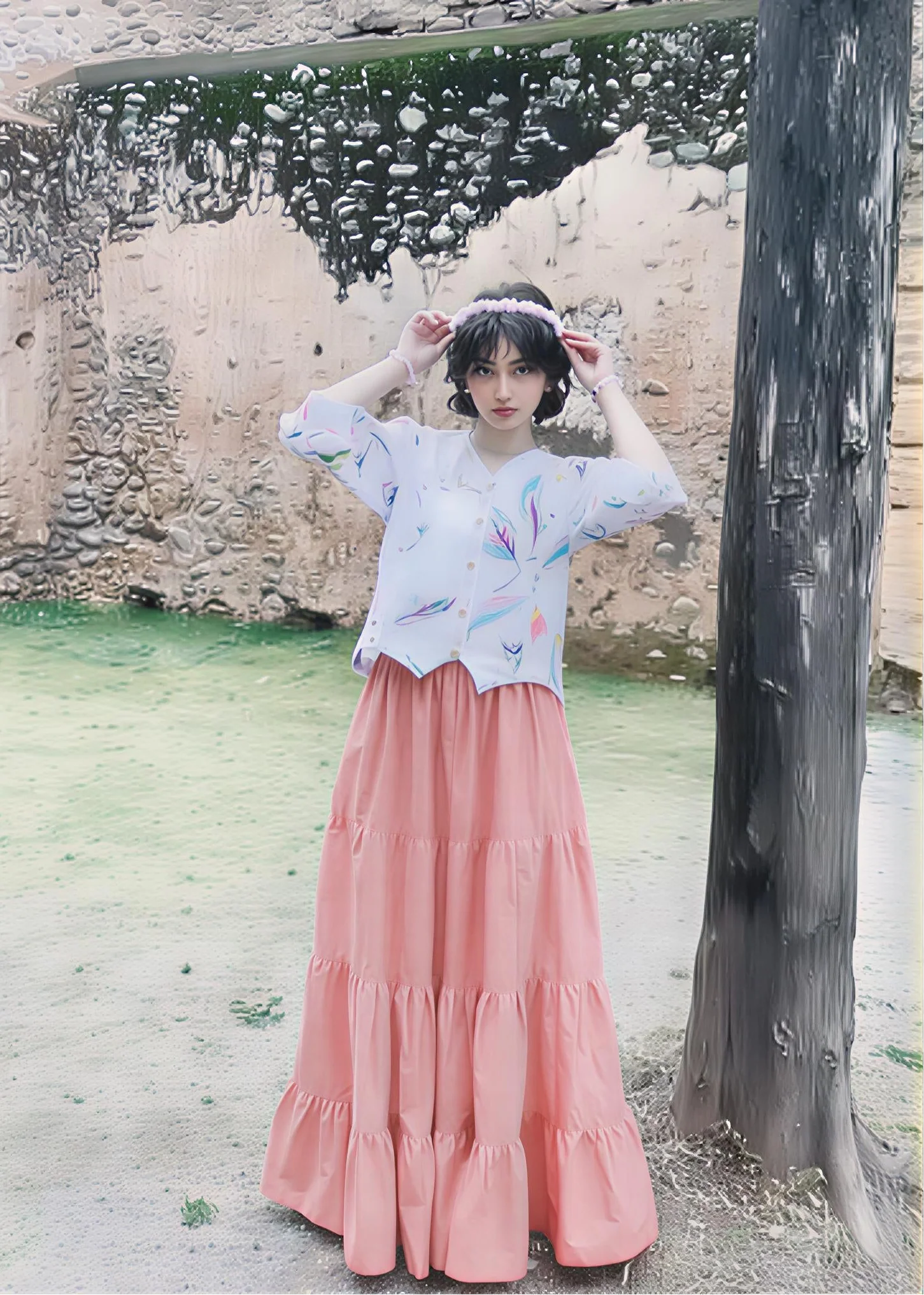 Women wearing a light-colored cotton printed fusion shirt paired with a long skirt
