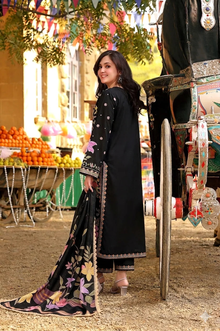 BLACK FLORAL 3PC EMB - Urban Haya