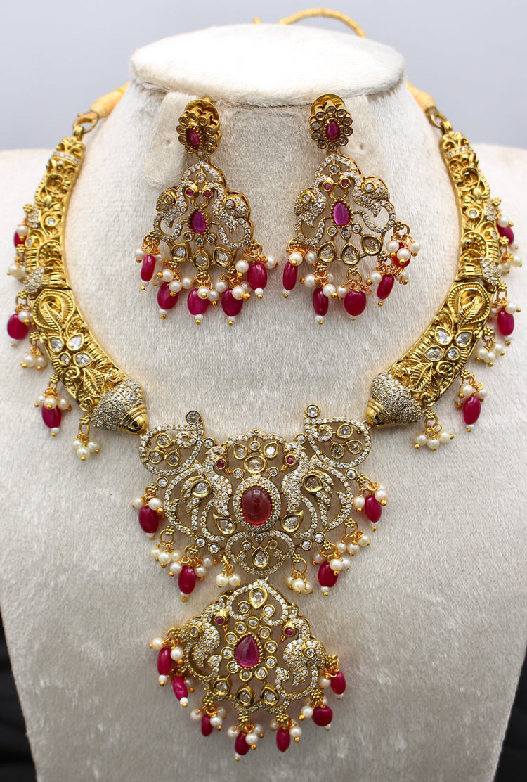 Victorian Style Kundan Necklace With Earrings - Aloro Jewels