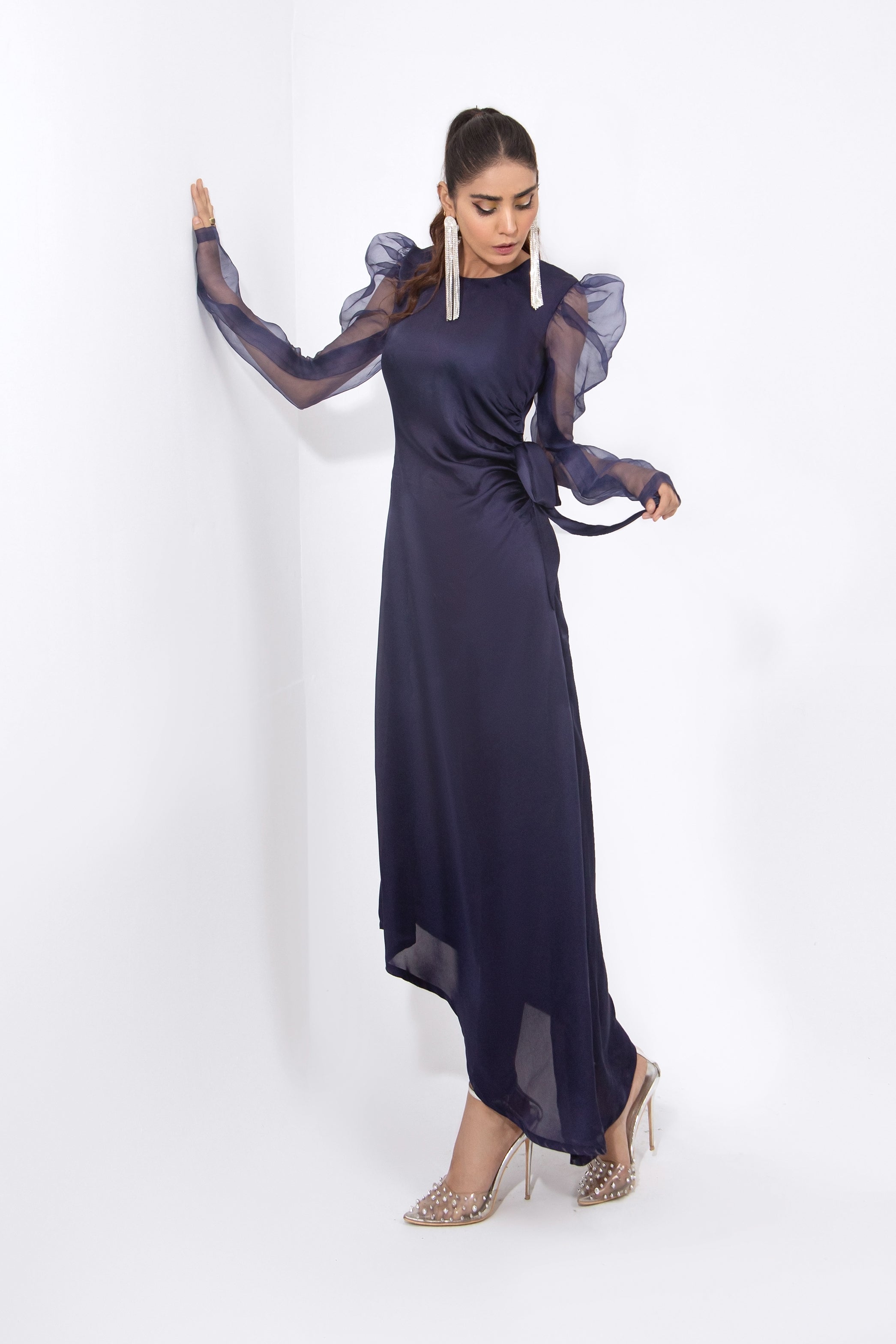 Organza Puffed Sleeves Dress - SYAH