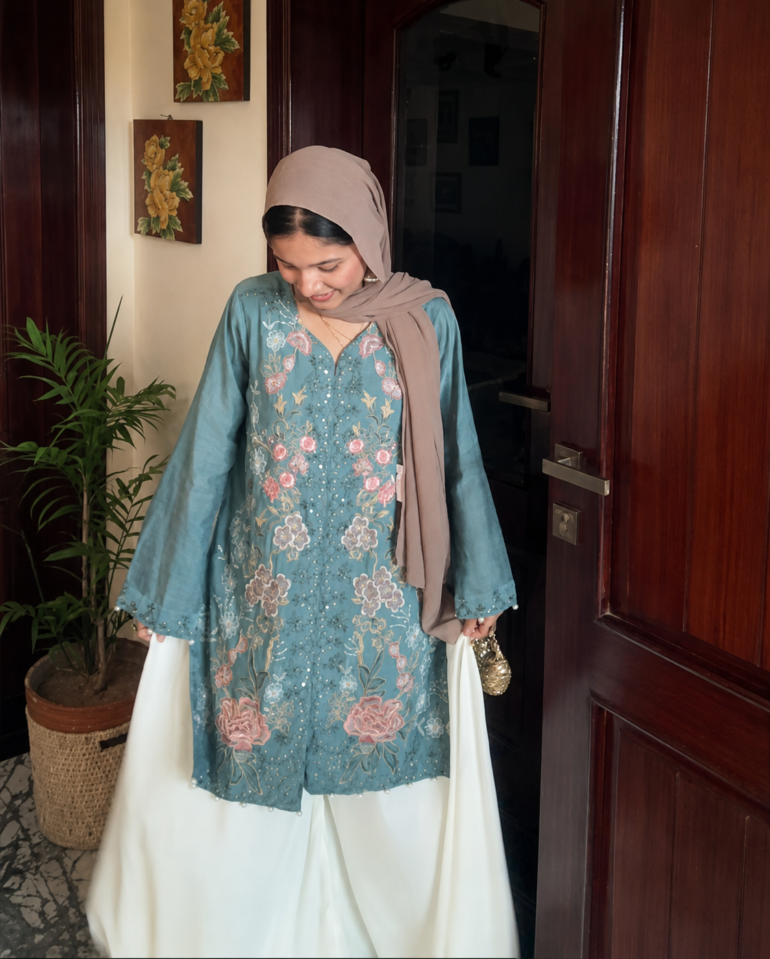 Embroidered Paper Cotton Co-Ord Set With Flared Palazzo - Urban Cut