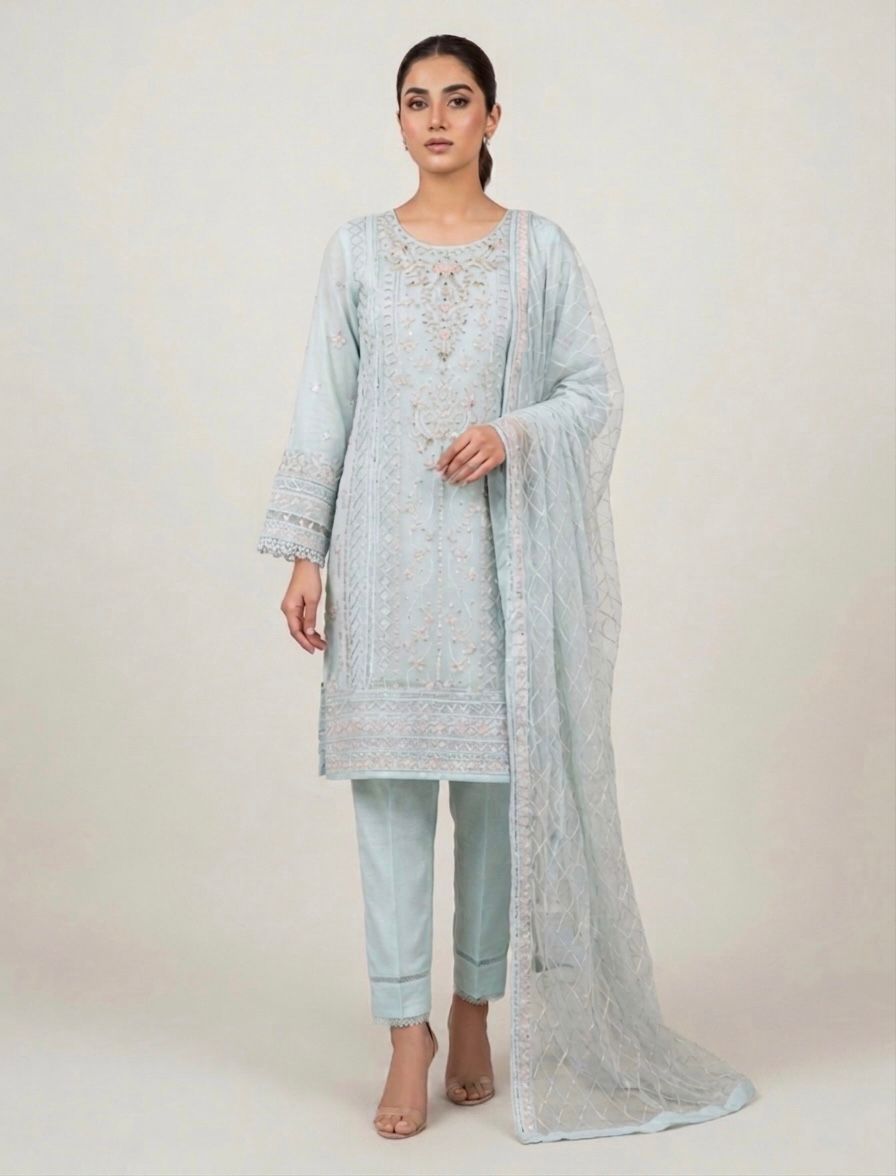 Afsanah - Ice Blue Heavily Chiffon Embellished 3-Piece Suit
