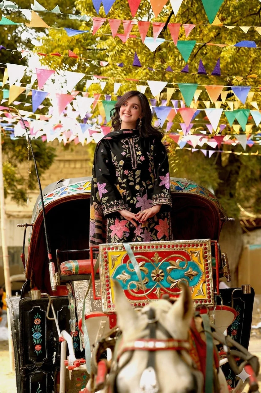 BLACK FLORAL 3PC EMB - Urban Haya