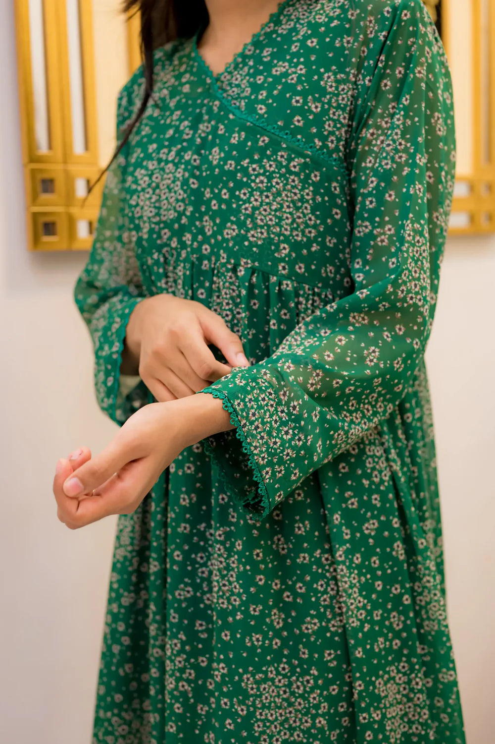 Emerald Bloom Chiffon 2 Piece Frock - Shadeforteen