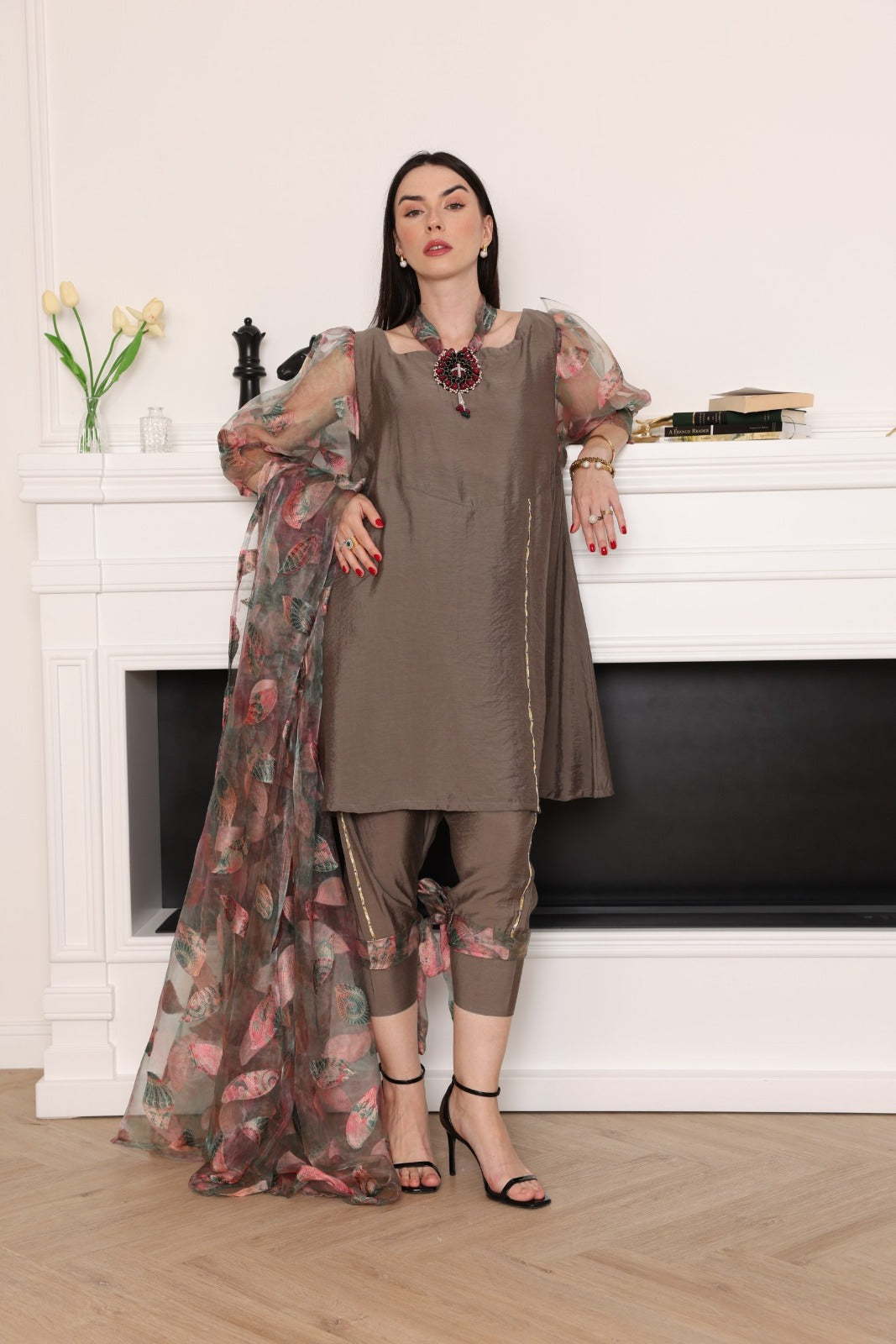 Elegant 3-Piece Silk Ensemble with Floral Dupatta - Meemseen Independent