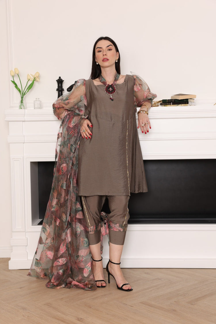 Elegant 3-Piece Silk Ensemble with Floral Dupatta - Meemseen Independent