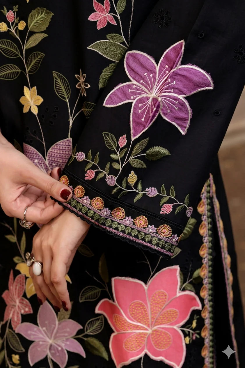 BLACK FLORAL 3PC EMB - Urban Haya