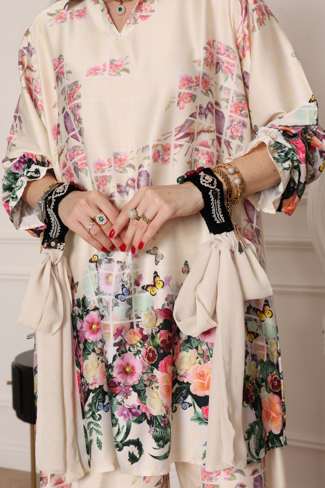 Women’s Satin Floral Printed 2-Piece Set – Shirt & Wide-Leg Trousers - Meemseen Independent