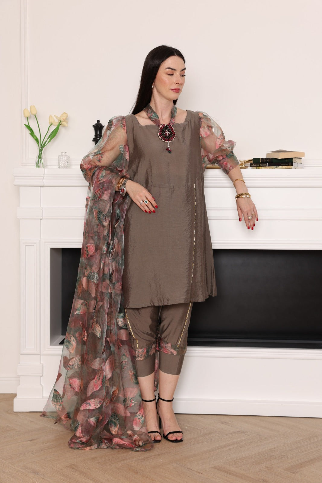 Elegant 3-Piece Silk Ensemble with Floral Dupatta - Meemseen Independent