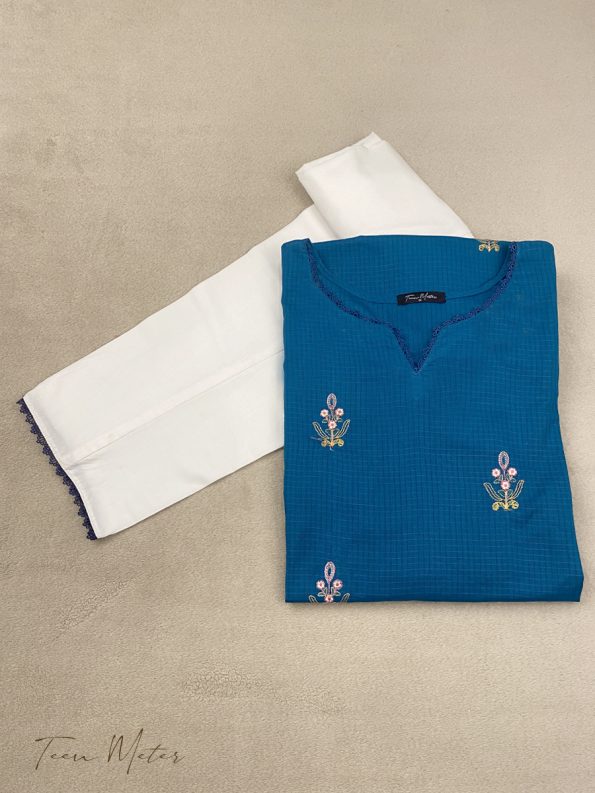 Blue 2pc Emb Slub Khadder - Teen Meter