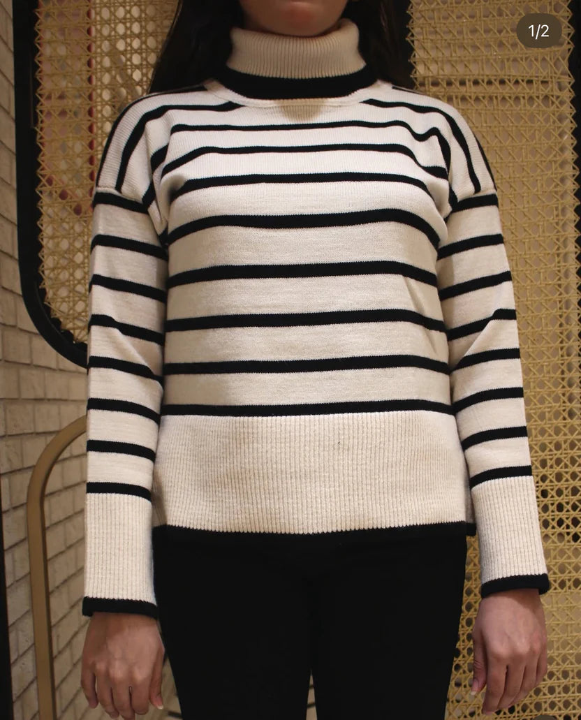 High-Neck Striped Knit Sweater - Velora
