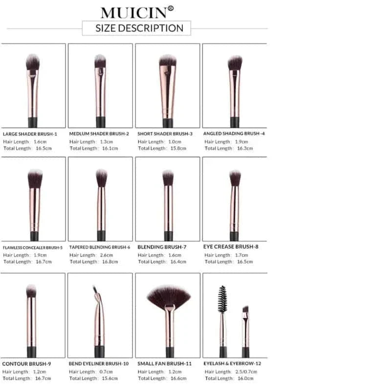Vegan Eyebrow Brush Set With Pouch - 12 Pieces - Muicin