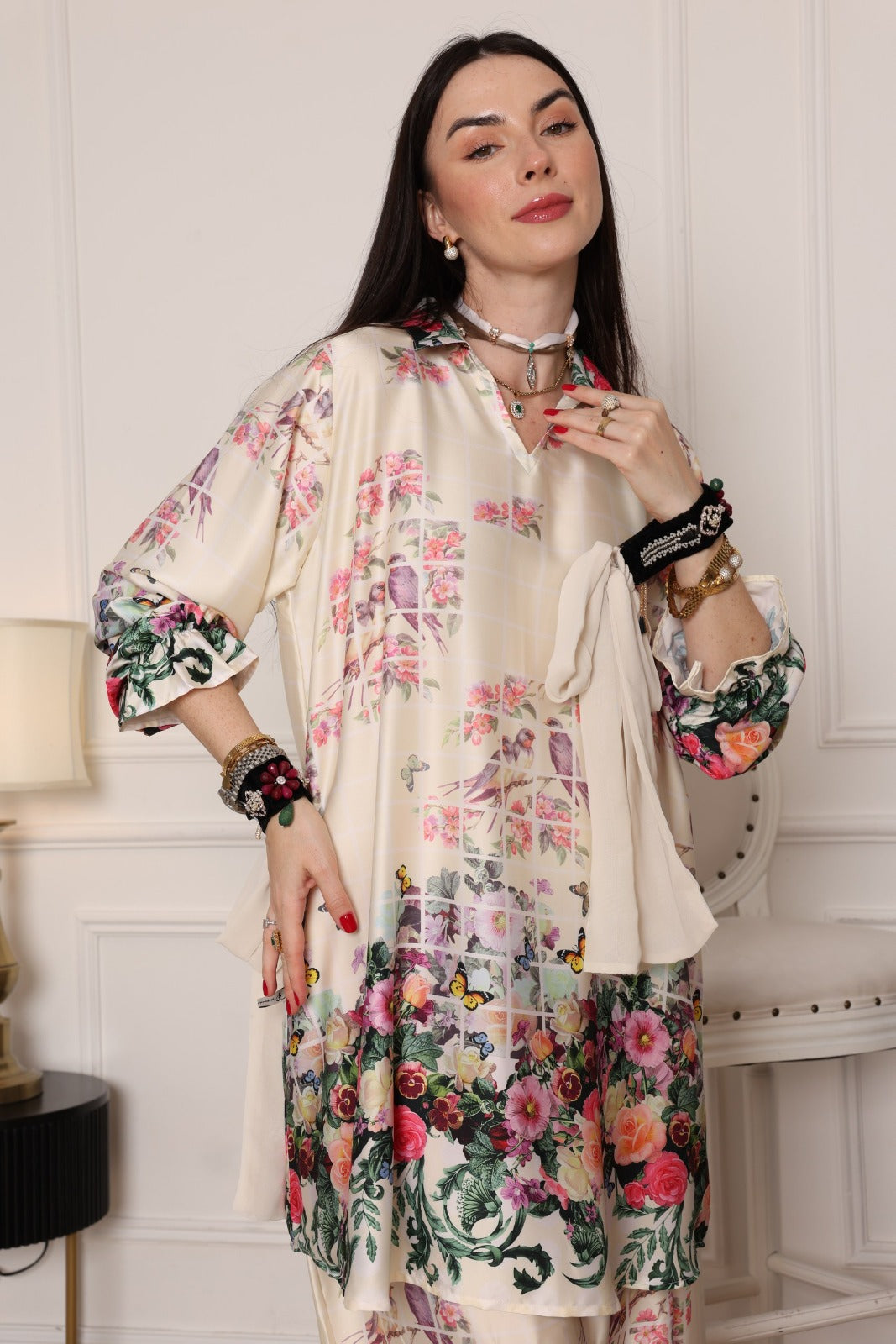 Women’s Satin Floral Printed 2-Piece Set – Shirt & Wide-Leg Trousers - Meemseen Independent