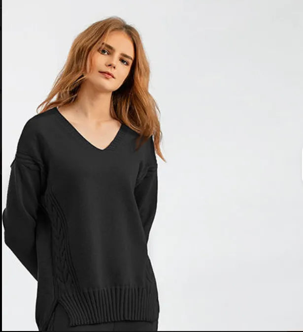 Women’s Solid Cable-Knit Sweater — V-Neck, Side-Slit Hem - Velora