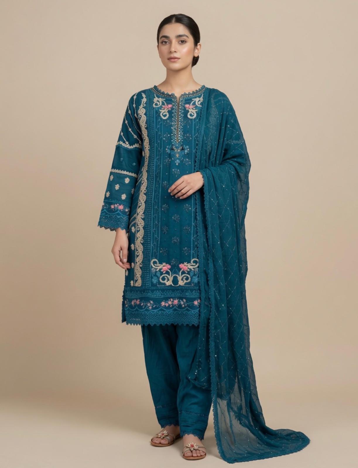 Heer - Teal Chiffon Embroidered 3-Piece Suit