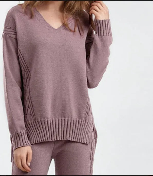 Women’s Solid Cable-Knit Sweater — V-Neck, Side-Slit Hem - Velora
