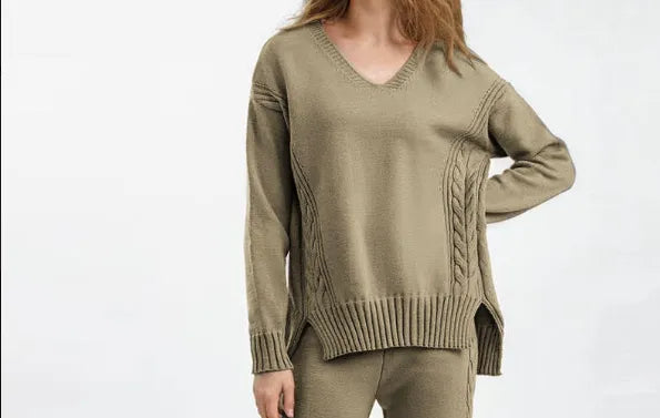 Women’s Solid Cable-Knit Sweater — V-Neck, Side-Slit Hem - Velora