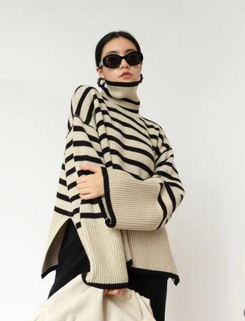 High-Neck Striped Knit Sweater - Velora