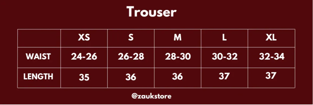 Size guide for a beige trouser in inches on the red background.