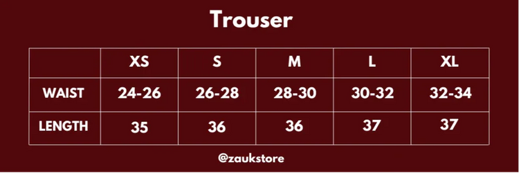 Size guide for a beige trouser in inches on the red background.