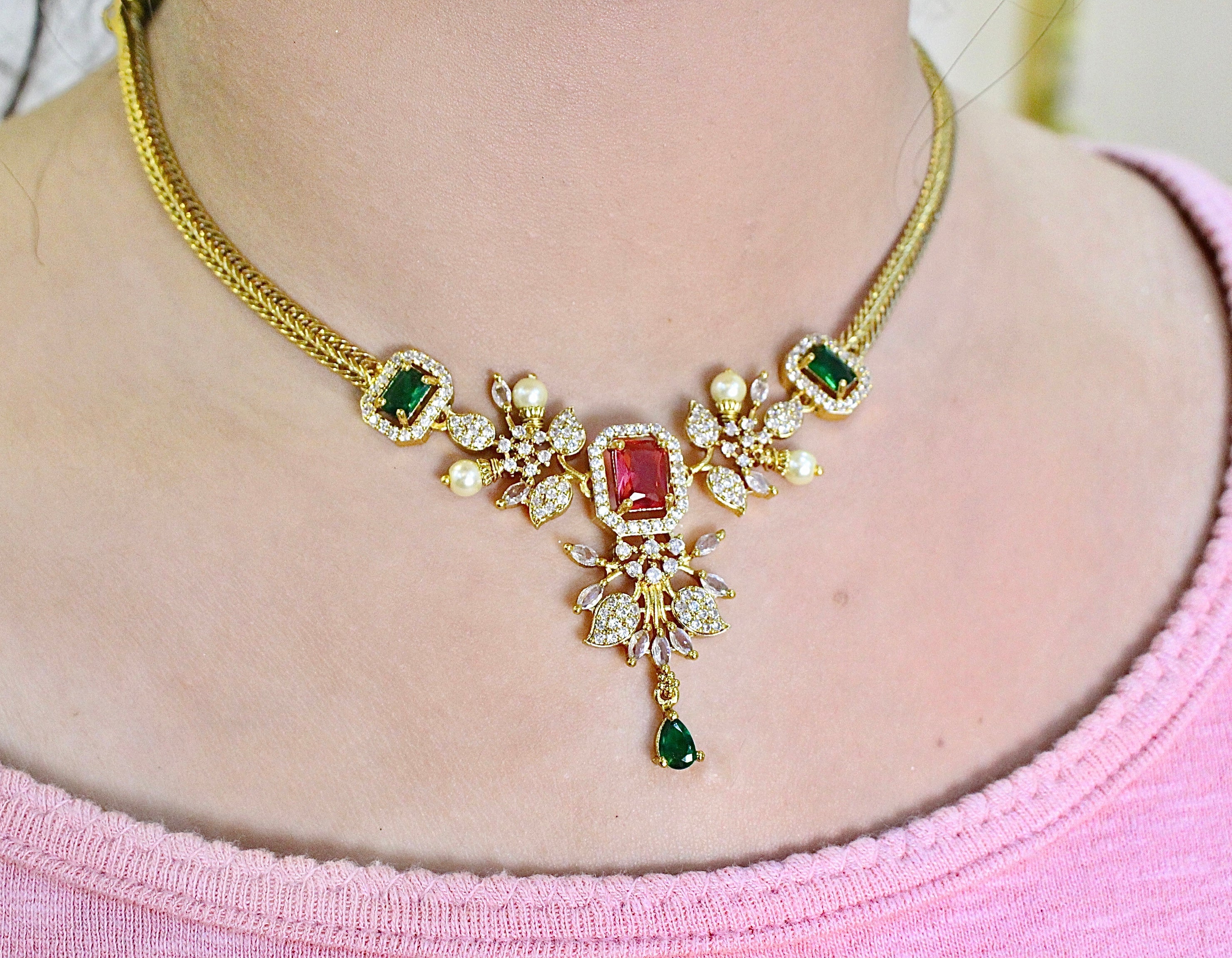 Ghulab Choker Necklace With Earrings - Aloro Jewels