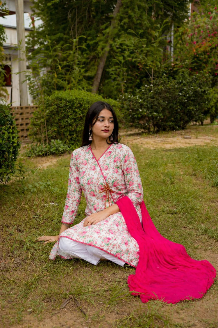 Cotton Crape Floral Angrakha Style 3 Piece Shirt - Shadeforteen