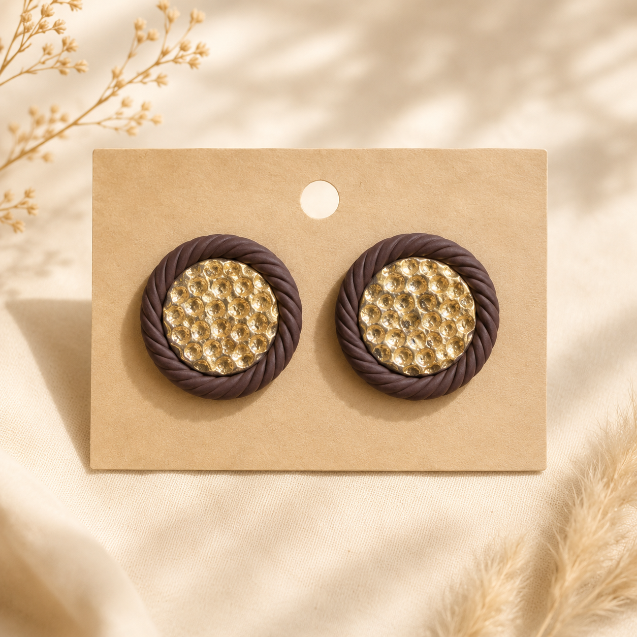Gold hammered frammed Studs - Clay Boutique
